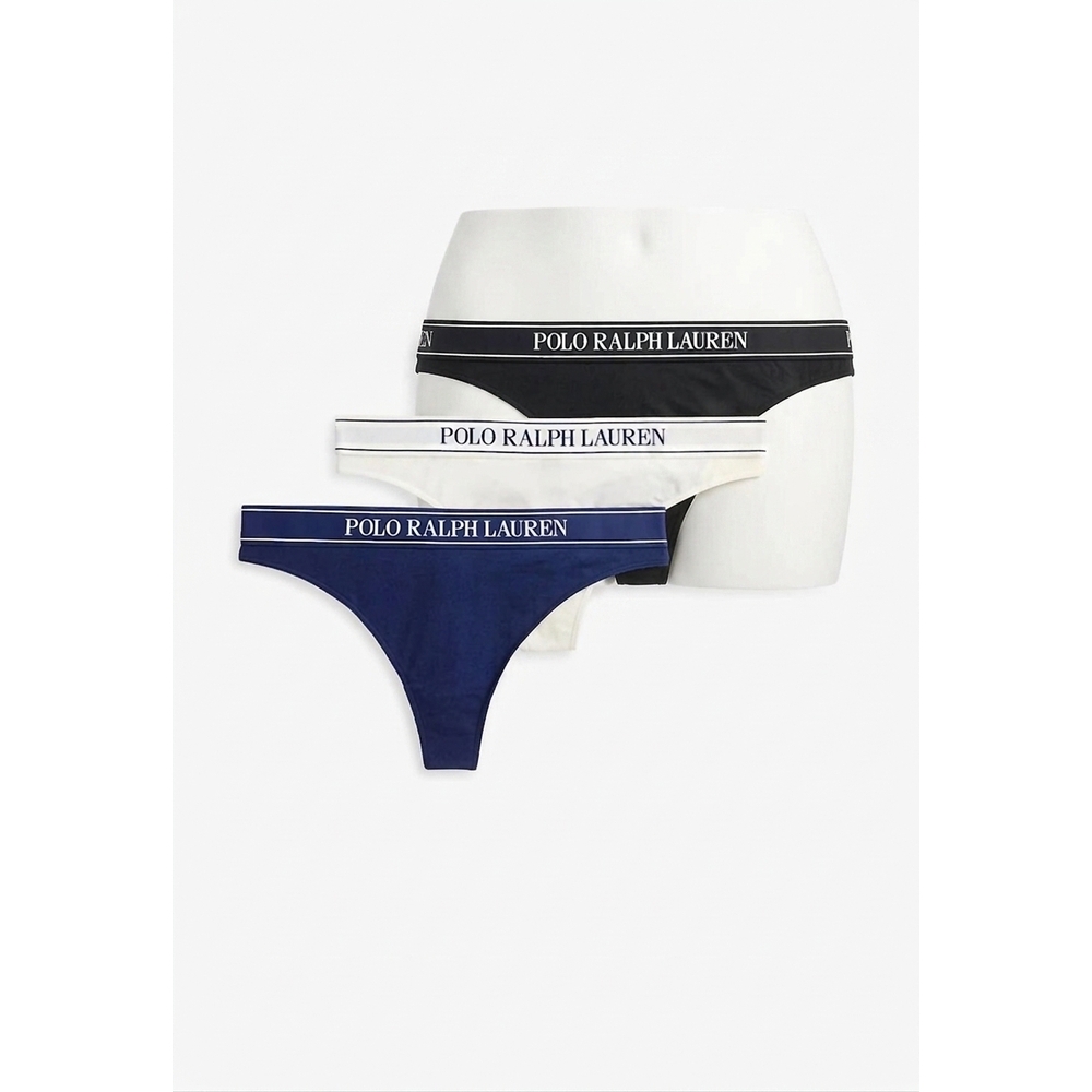 NEW POLO RALPH LAUREN women's high waist thong panty in onyx/white cloud/navy